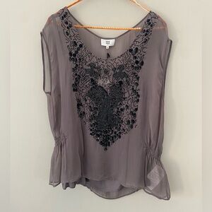 NOANOA Boutique Sequin Grey Semi Sheer Cap Sleeve Blouse